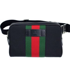 Gucci Body Bag Waist Pouch Webbing Line Canvas Leather Black